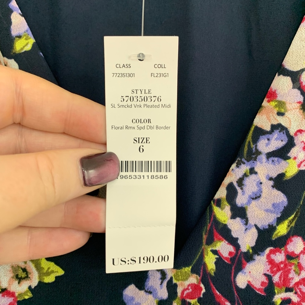 White House Black Market Navy Floral Smocked Pleated Midi Dress Sz 6 - Picture 12 of 16